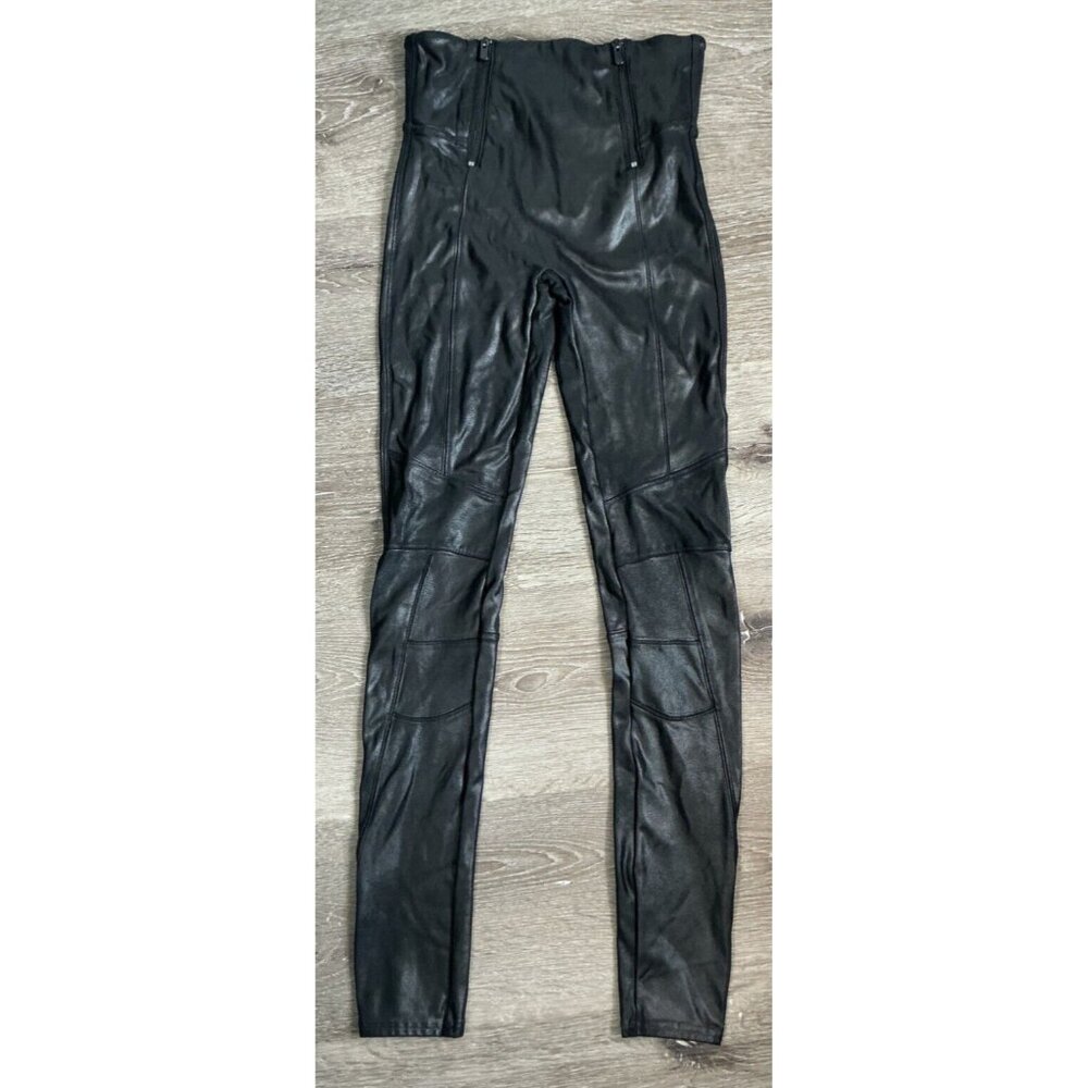 Spanx Women's Faux‎ Leather Hip Zip Moto Style Leggings Very Black Size Small